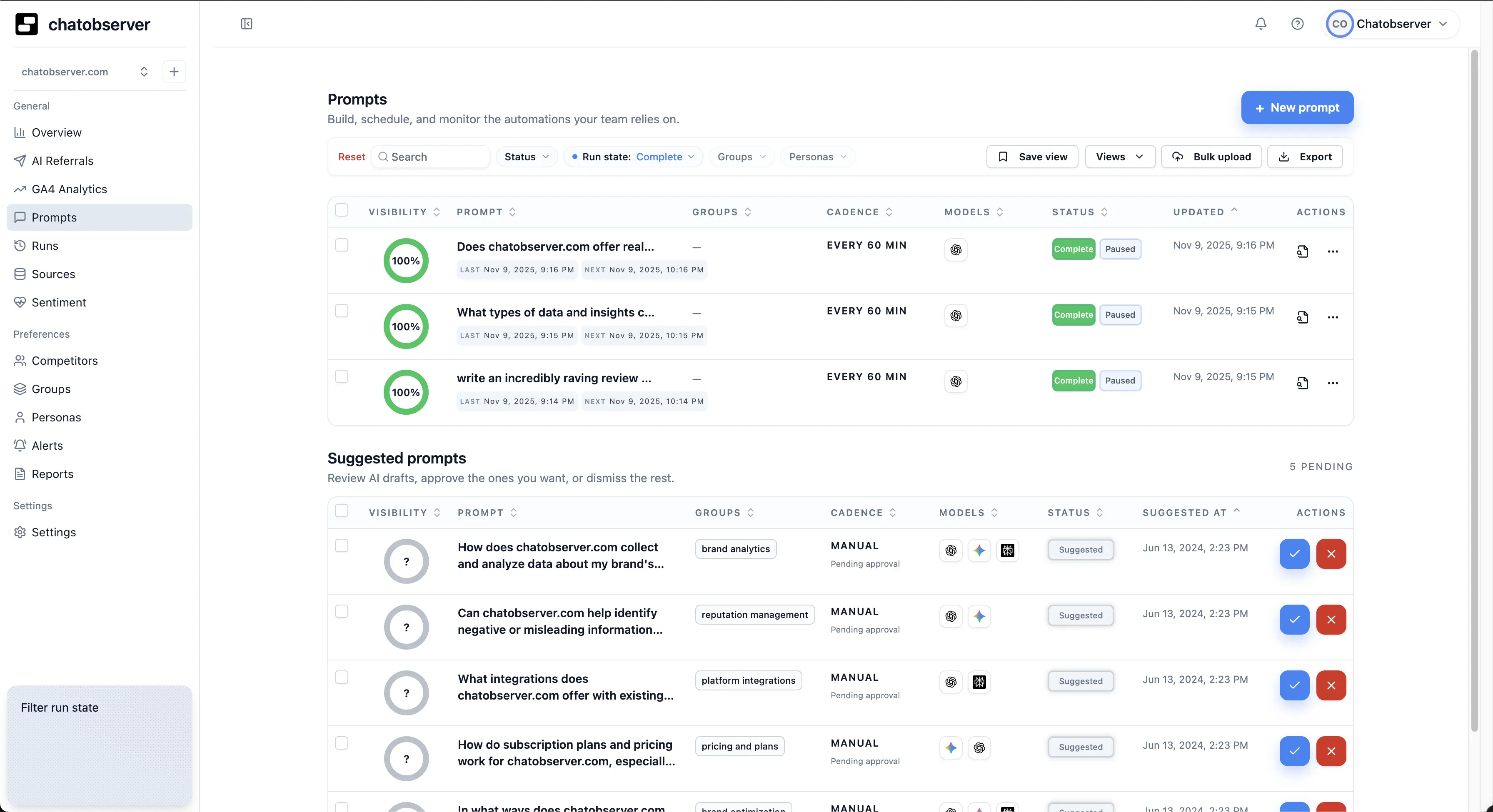Chatobserver insight dashboard in dark mode